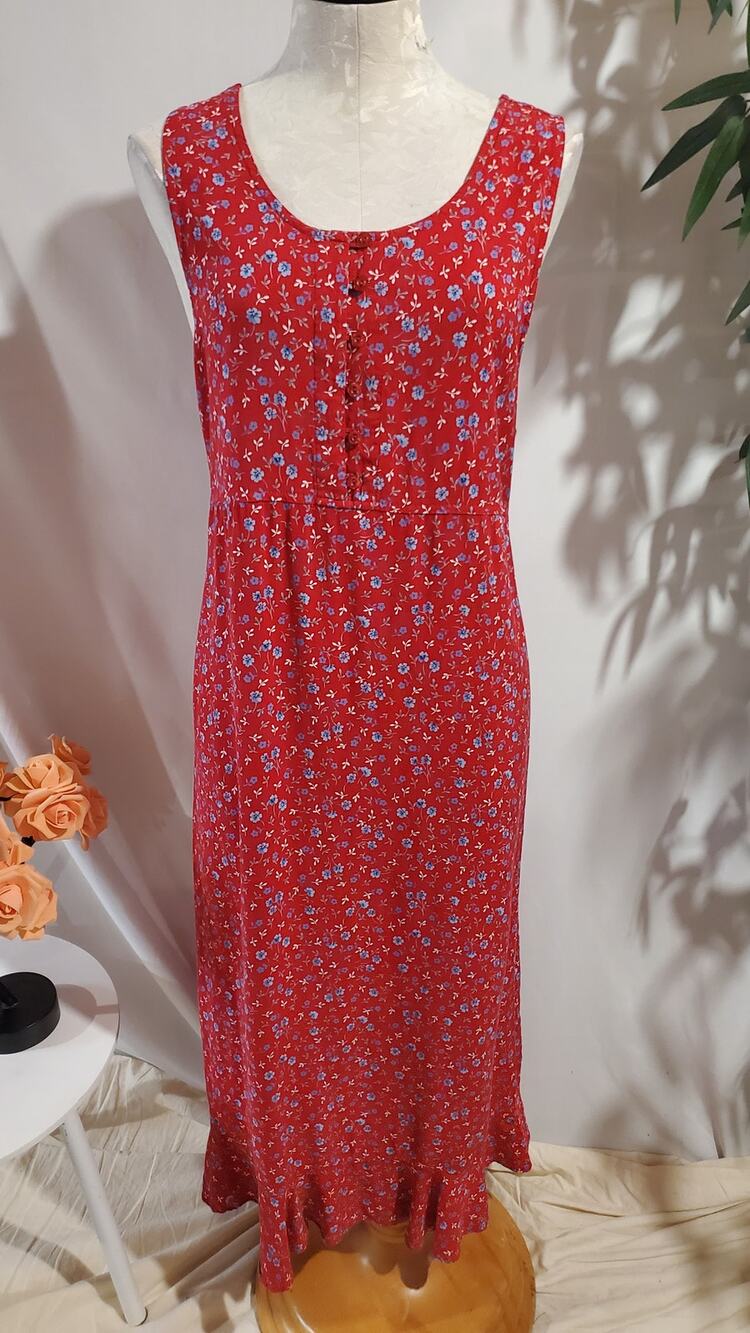 Vtg 90s Erika Studio Floral Ruffle Hem Tieback Maxi Dress Size L Cottagecore Red